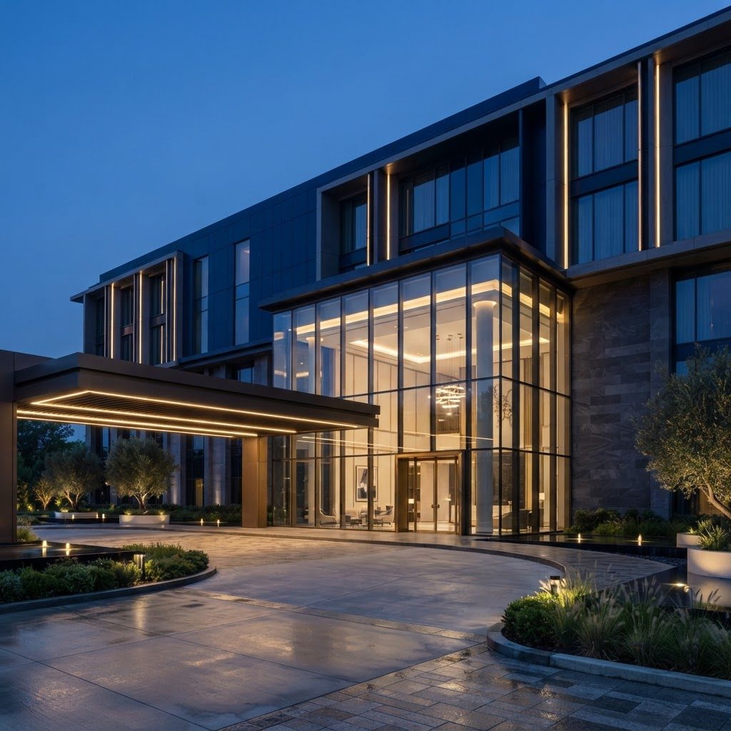 Modern otel cephesi mimari görselleştirmesi